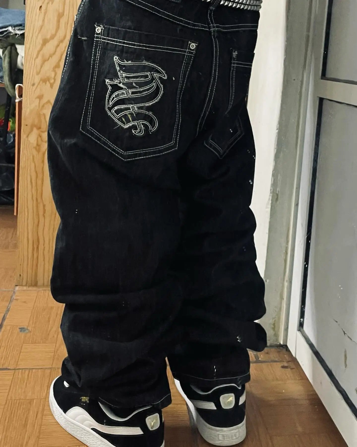 Retro Centipede Embroidery Pattern Oversized Wide-Leg Pants