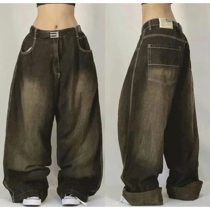 American Fashion New Black Old Washed Holes Baggy Jeans Ladies
