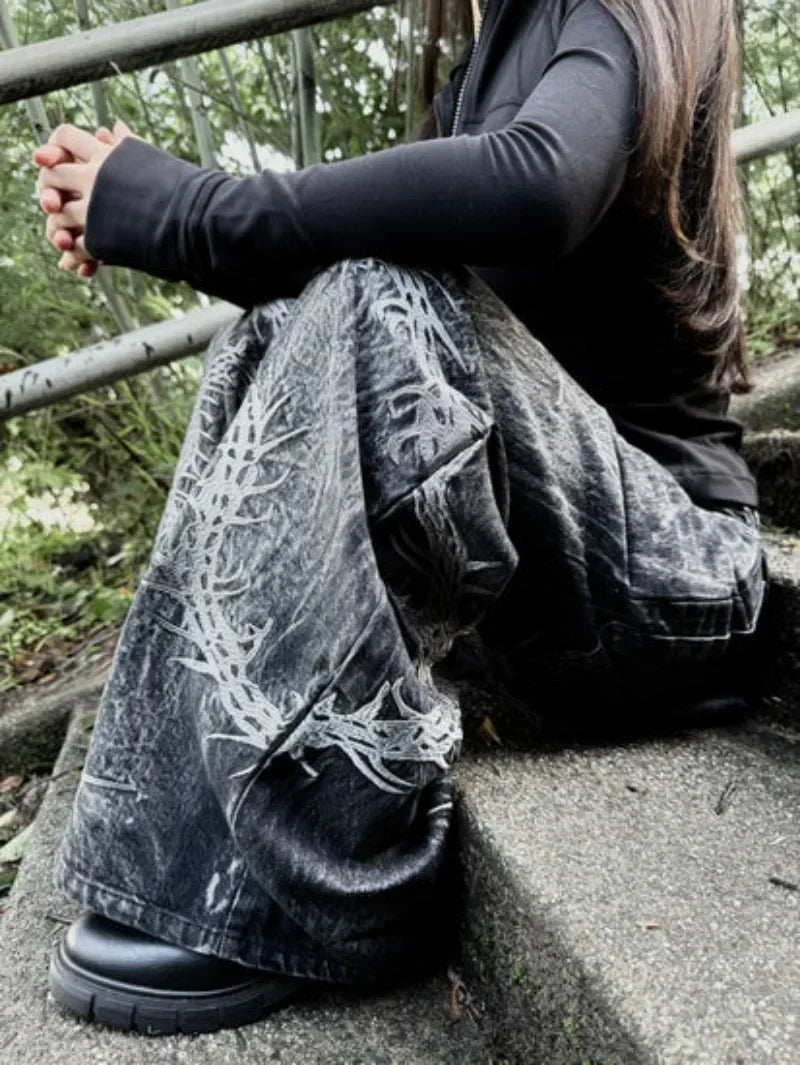 Retro Centipede Embroidery Pattern Oversized Wide-Leg Pants