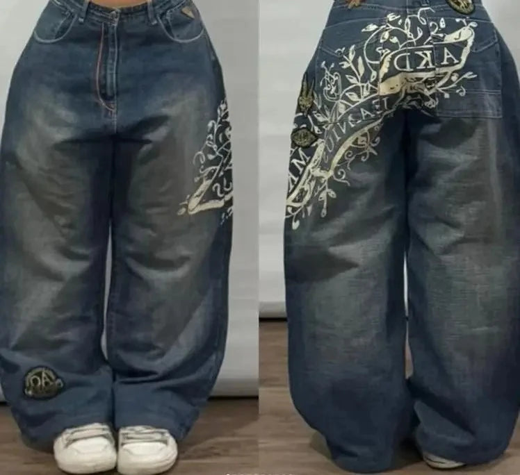 Retro Centipede Embroidery Pattern Oversized Wide-Leg Pants