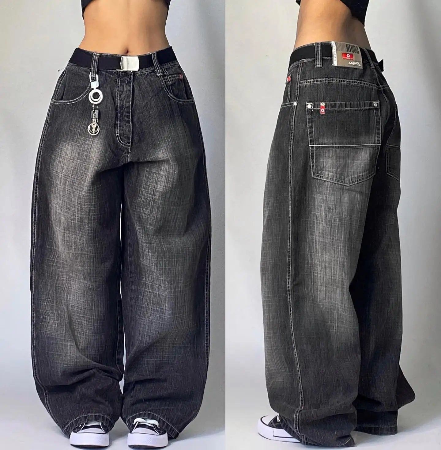 American Fashion New Black Old Washed Holes Baggy Jeans Ladies