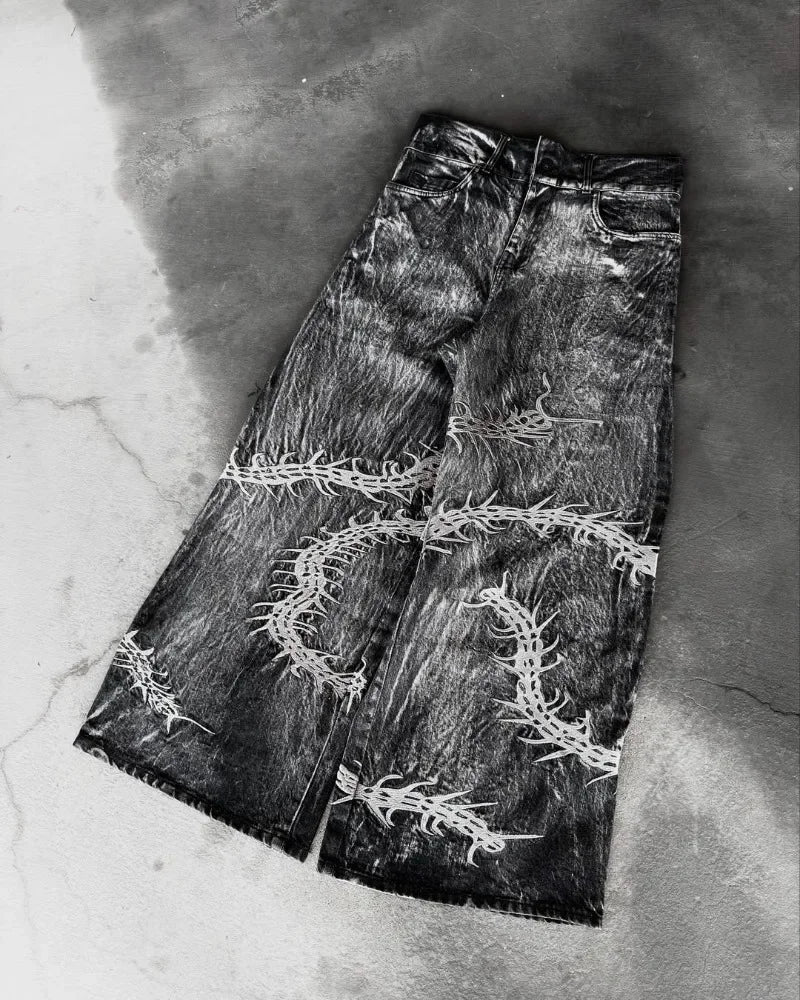 Retro Centipede Embroidery Pattern Oversized Wide-Leg Pants