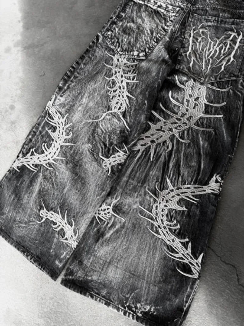 Retro Centipede Embroidery Pattern Oversized Wide-Leg Pants