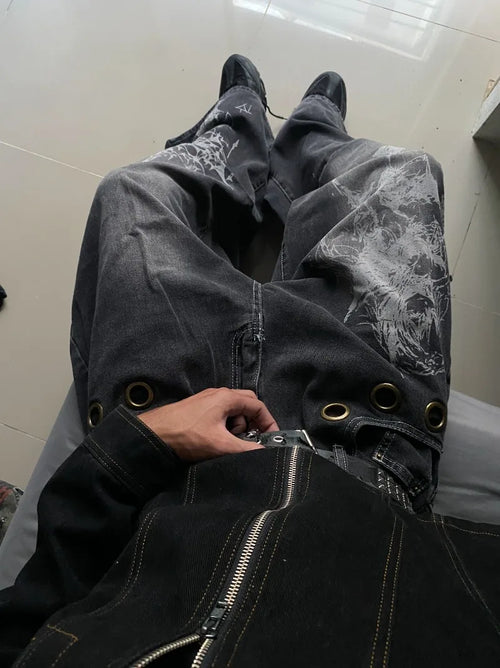 American New Fashion Oversized Pattern Printed Washed Jeans Men