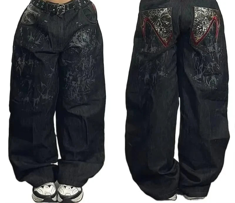 Retro Centipede Embroidery Pattern Oversized Wide-Leg Pants