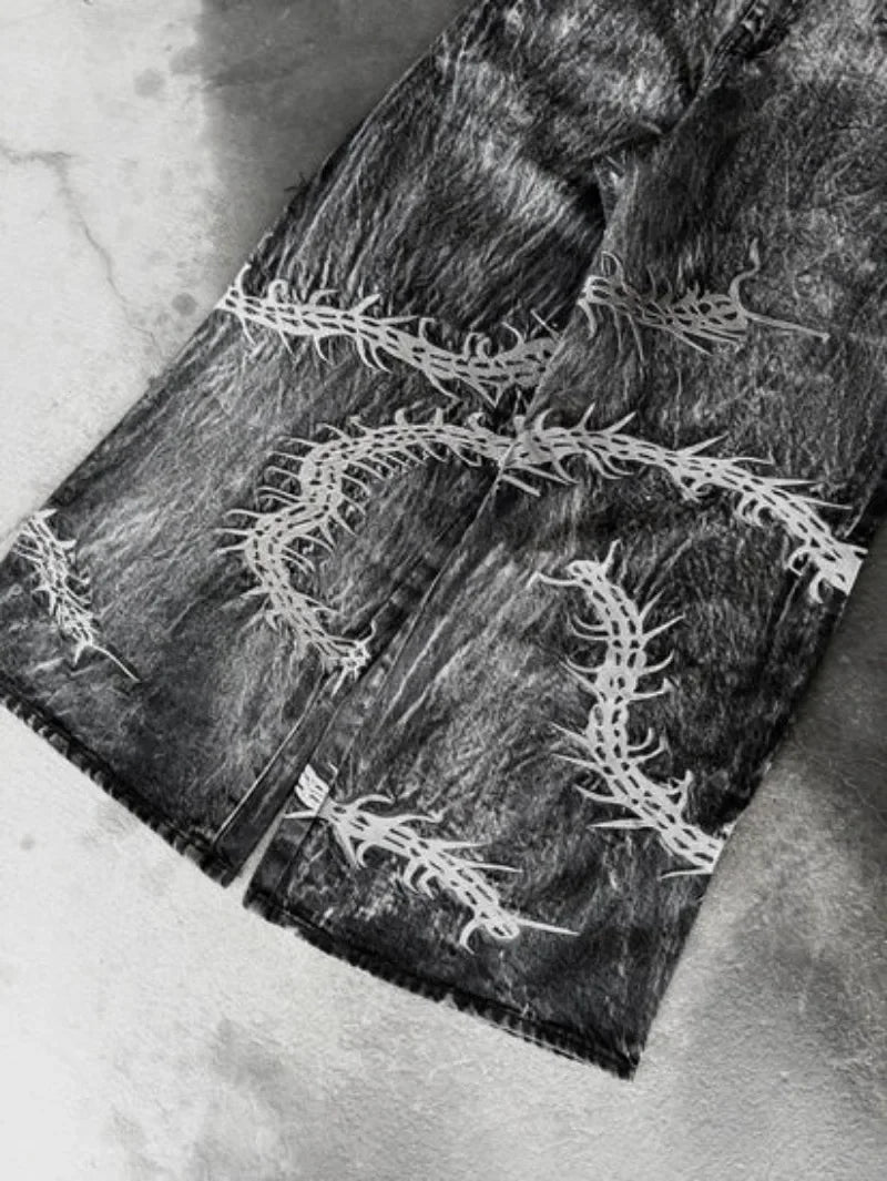 Retro Centipede Embroidery Pattern Oversized Wide-Leg Pants