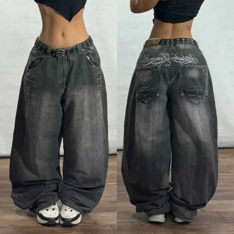 American Fashion New Black Old Washed Holes Baggy Jeans Ladies